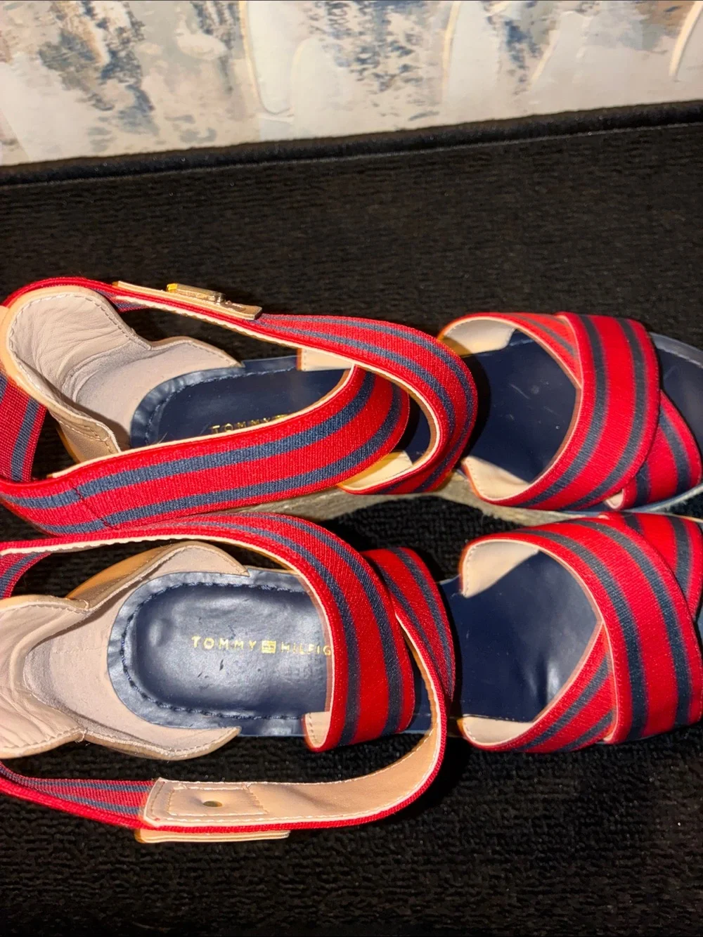 NWT Tommy Hilfiger Red & Navy Striped Espadrille Wedge Sandals Size 7.5